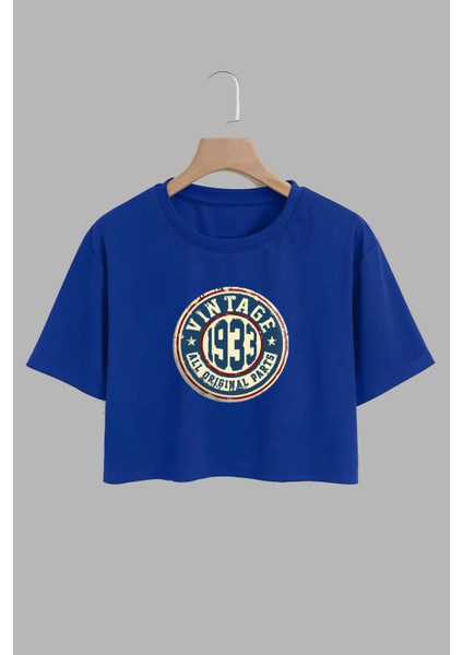 Kadın Vintage 1933 Tasarım Baskılı Pamuk Saks Mavi Oversize Crop