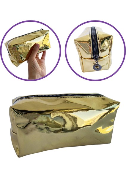 Makyaj Çantası Altın Gold Renkli Düzenleyici Seyahat Tipi Aynalı Kumaş