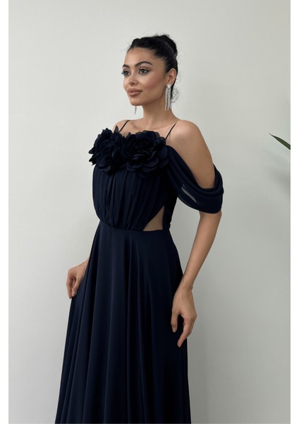 Şifon Kumaş Büzgü Ve Gül Detaylı Maxi Elbise - Lacivert modelleri