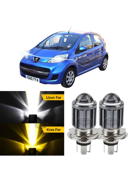 Peugeot 107 2007-2013 Uyumlu Mercekli Far Ampulü LED Xenon Çift Renk Sarı-Beyaz Far Şimşek Etkili Csp LED Lamba Uzun Kısa 2 Adet Takım