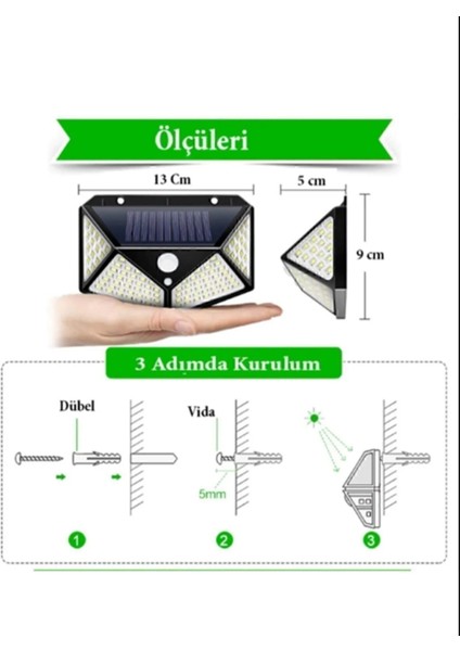 100 LED Sensörlü Solar Güneş Enerjili Lamba - Bahçe Lambası - Solar Sokak Lambası 3 Mod Fotoselli