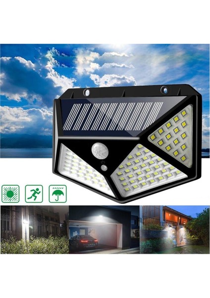 100 LED Sensörlü Solar Güneş Enerjili Lamba - Bahçe Lambası - Solar Sokak Lambası 3 Mod Fotoselli