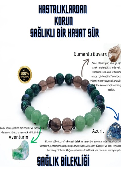 Sertifikalı Sağlık Doğal Taş Tılsım Bilekliği ( Aventurin, Azurit Dumanlı Kuvars )