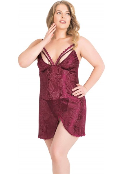 Shopidik Büyük Beden Bordo Kısa Jakarlı Gecelik