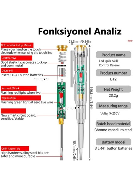 Bgz Store Kontrol Kalemi Elektrik Elektronik Test Cihazı Kırmızı Yeşil LED Işıklı Faz Voltaj Testi Tornavida