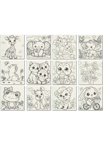 Anaokulu SETİ-20X20 Tuval Boyama Setleri- 12 Adet Tuval-Her Sette (3'lü Boya Seti-1 Fırça)