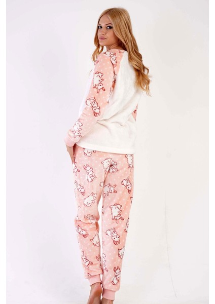 Kadın Pudra Beyaz Welsoft Yuvarlak Yaka Reglan Kol Uzun Kollu Cepli Manşetli Desenli Pijama Takımı