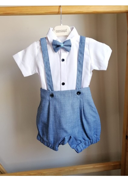 Papyonlu 3'lü Şortlu Mavi Erkek Bebek Salopet Takım Özel Gün Kıyafeti Düğün Bebek Hediyesi