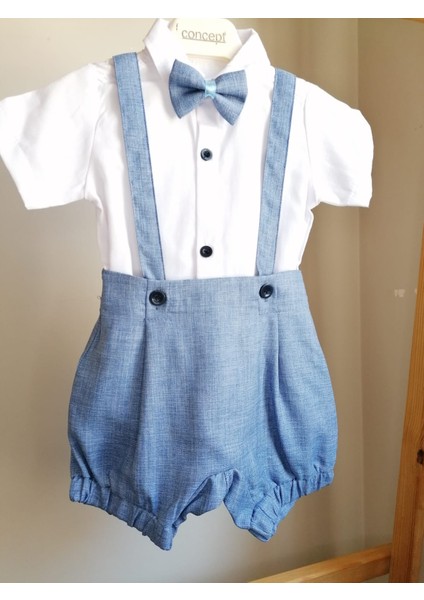Papyonlu 3'lü Şortlu Mavi Erkek Bebek Salopet Takım Özel Gün Kıyafeti Düğün Bebek Hediyesi fiyatları