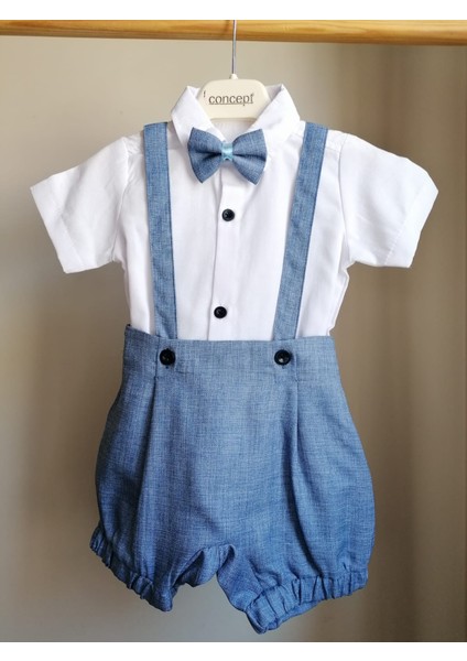 Papyonlu 3'lü Şortlu Mavi Erkek Bebek Salopet Takım Özel Gün Kıyafeti Düğün Bebek Hediyesi modelleri