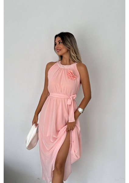 Kadın Gül Broş Detaylı Uzun Şifon Elbise NBK2144