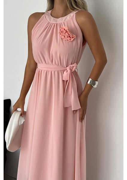 Kadın Gül Broş Detaylı Uzun Şifon Elbise NBK2144 fiyatları