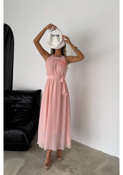 Kadın Gül Broş Detaylı Uzun Şifon Elbise NBK2144 modelleri