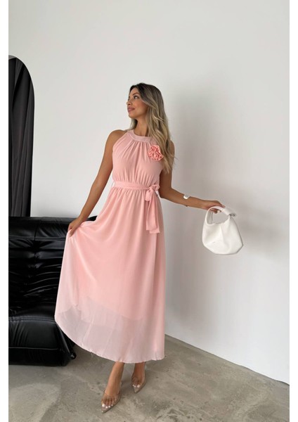 Kadın Gül Broş Detaylı Uzun Şifon Elbise NBK2144 fırsatları