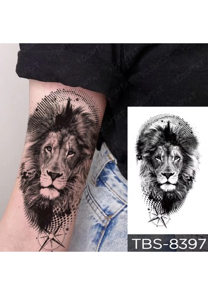 Gerçekci Aslan ve Pusula Geçici Dövme Tattoo TBS-8397