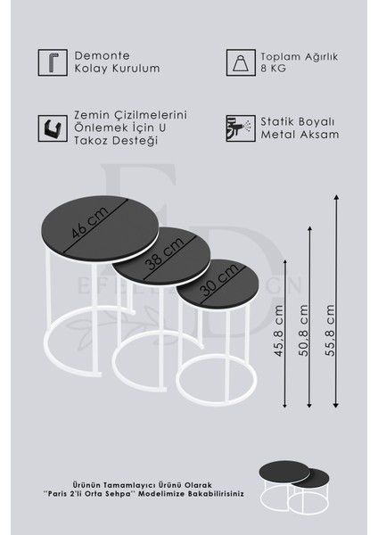 Paris 3'lü C Zigon Sehpa Siyah Metal - Beyaz Mermer Tabla