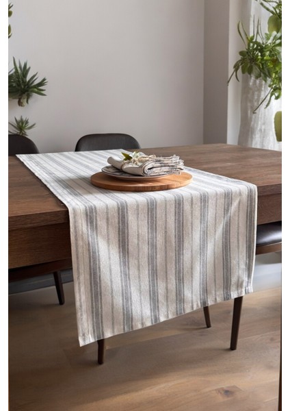 Gri Çizgili Bej Ham Keten Pamuk Dekoratif Runner Masa Örtüsü 130X45 cm