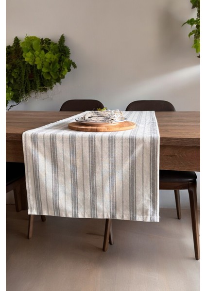 Gri Çizgili Bej Ham Keten Pamuk Dekoratif Runner Masa Örtüsü 130X45 cm fiyatları