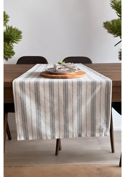 Gri Çizgili Bej Ham Keten Pamuk Dekoratif Runner Masa Örtüsü 130X45 cm modelleri