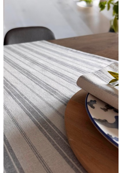Gri Çizgili Bej Ham Keten Pamuk Dekoratif Runner Masa Örtüsü 130X45 cm fırsatları
