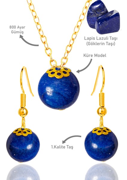 Sertifikalı Gold Küre Model Lapis Lazuli Taşı Kolye ve Küpe Seti - Gümüş Aparatlı