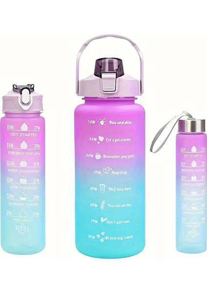 Motivasyonel Spor Günlük 3lü Set Su Matarası Su Şişesi Suluk 2lt + 900ML + 300ML - FC107