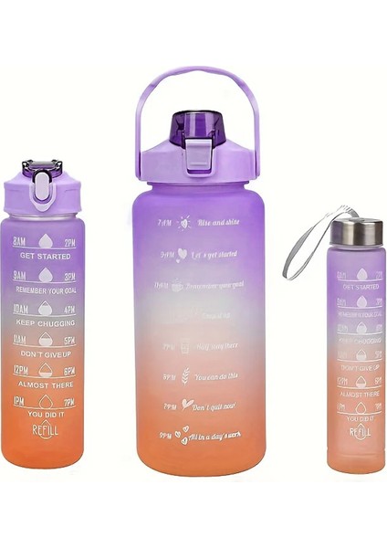 Motivasyonel Spor Günlük 3lü Set Su Matarası Su Şişesi Suluk 2lt + 900ML + 300ML - FC107