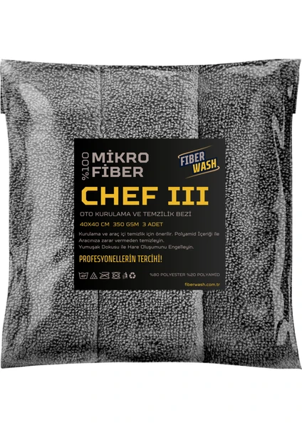 Chefııı 3'lü Mikrofiber Kalın Süper Emici Araç Temizlik Kurulama ve Cila Bezi 40X40CM 350GSM –gri