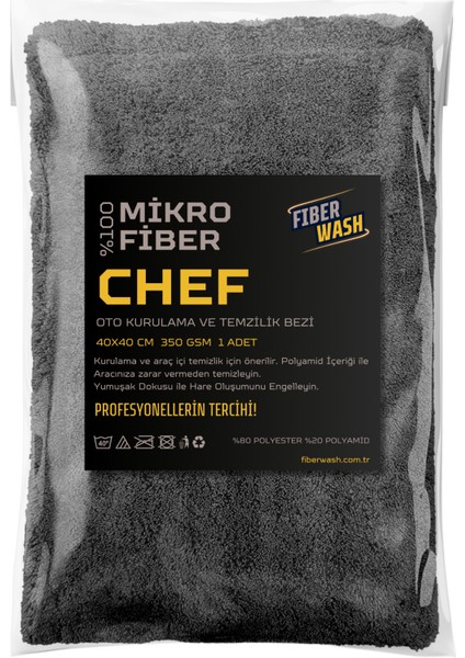 Chef Mikrofiber Kalın Süper Emici Araç Temizlik Kurulama ve Cila Bezi 40X40 cm 350 Gr/m2 – Gri