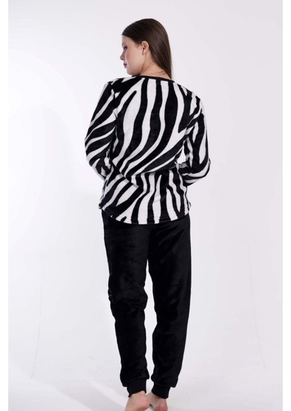 Kadın Welsoft Siyah Beyaz Zebra Desenli Yuvarlak Yaka Manşetli Uzun Kollu Pijama Takımı fiyatları