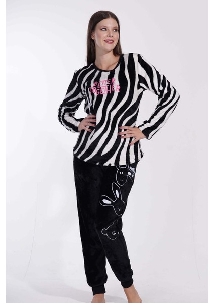 Kadın Welsoft Siyah Beyaz Zebra Desenli Yuvarlak Yaka Manşetli Uzun Kollu Pijama Takımı modelleri