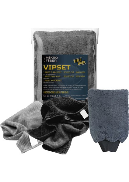 Vıpset Gri 3'lü Mikrofiber Araç Yıkama ve Kurulama Temizlik Paketi