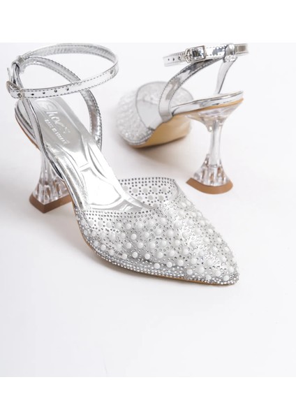 Shoes Cam Ökçe Şeffaf Inci Taş Detaylı Burnu Kapalı Abiye Ayakkabı Gri modelleri