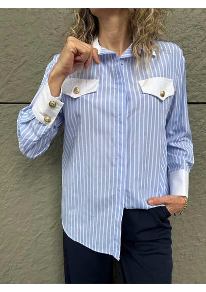 Gold Düğmeli Çizgili Gömlek indirimleri