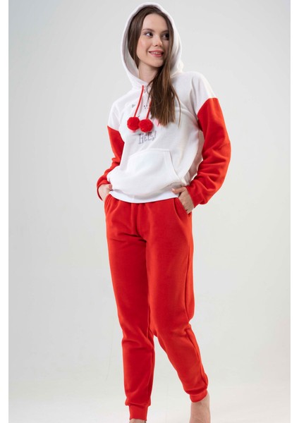 Kadın Polar Kırmızı Beyaz Kapüşonlu Ponponlu Desenli Manşetli Uzun Kollu Pijama Takımı
