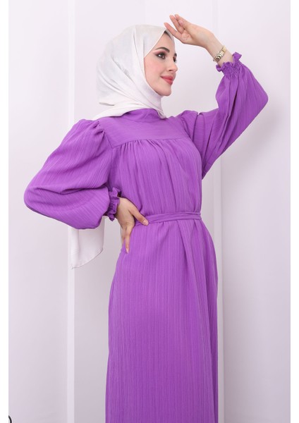 Lila Kol Gipeli Gofre Elbise modelleri