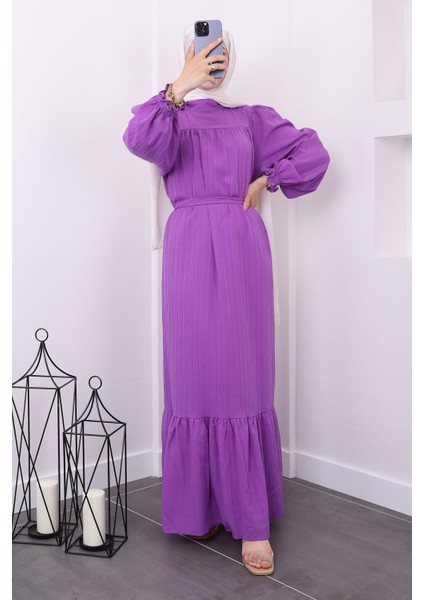 Lila Kol Gipeli Gofre Elbise fırsatları