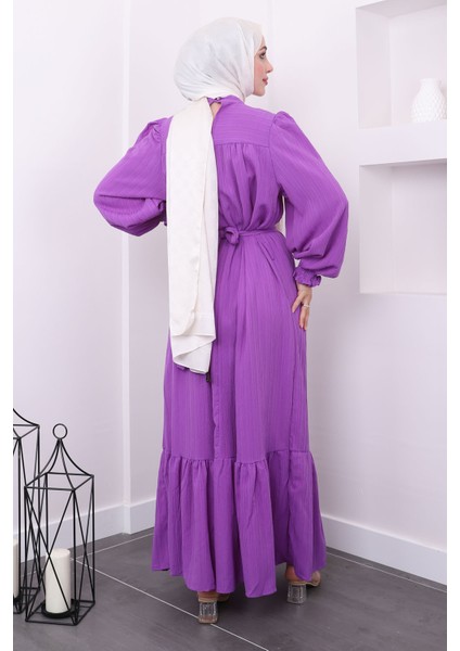 Lila Kol Gipeli Gofre Elbise indirimleri