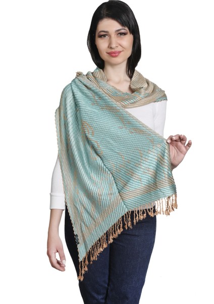 Turkuaz ve Cappuccino Rengi Desenli Pamuk Viskon Şal