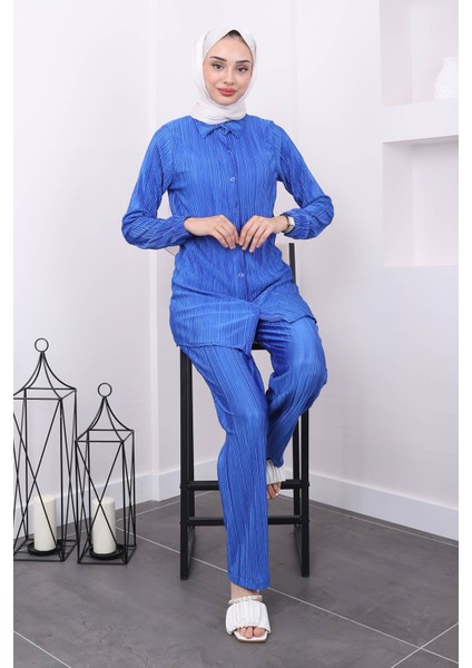 Saks Mavi Kol Lastikli Piliseli Tunik Pantolon Takım