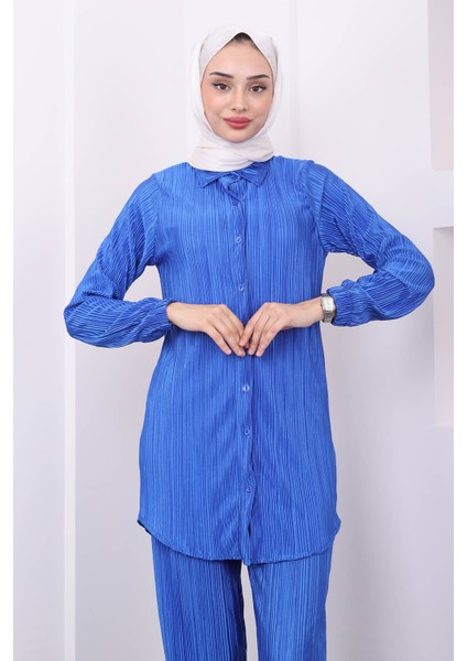 Saks Mavi Kol Lastikli Piliseli Tunik Pantolon Takım modelleri