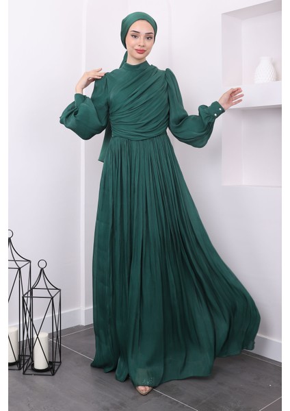 Zümrüt Yaka Detaylı Balon Kol Abiye