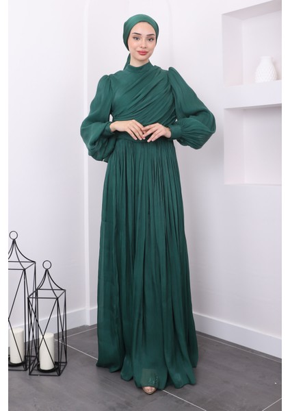 Zümrüt Yaka Detaylı Balon Kol Abiye fiyatları