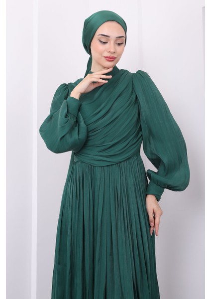 Zümrüt Yaka Detaylı Balon Kol Abiye modelleri