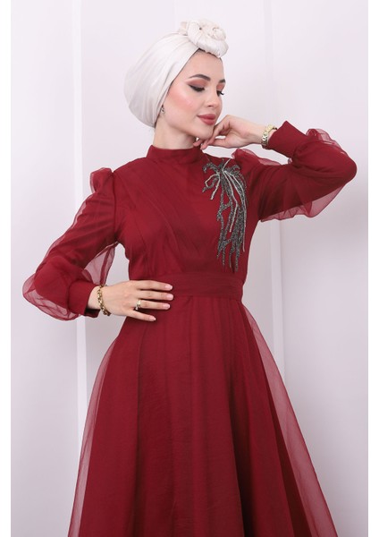 Bordo Ön Detaylı Taşlı Tül Abiye