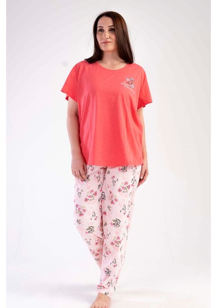 Kadın Nar Çiçeği Kısa Kollu Çiçek Desenli Bisiklet Yaka Oval Etek Süprem Pijama Takımı