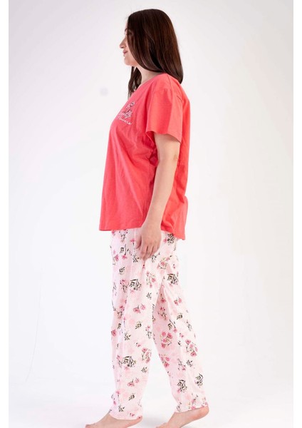 Kadın Nar Çiçeği Kısa Kollu Çiçek Desenli Bisiklet Yaka Oval Etek Süprem Pijama Takımı