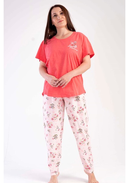 Kadın Nar Çiçeği Kısa Kollu Çiçek Desenli Bisiklet Yaka Oval Etek Süprem Pijama Takımı