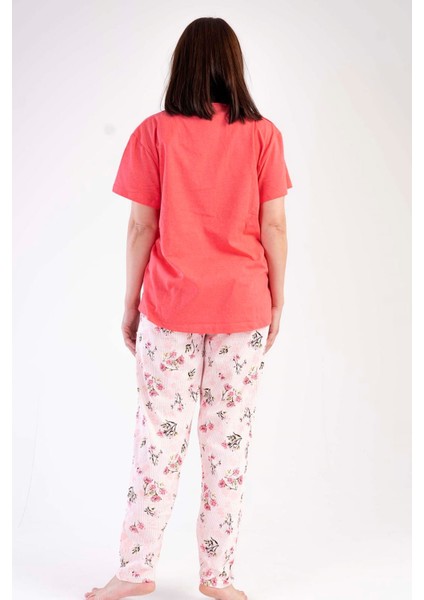 Kadın Nar Çiçeği Kısa Kollu Çiçek Desenli Bisiklet Yaka Oval Etek Süprem Pijama Takımı