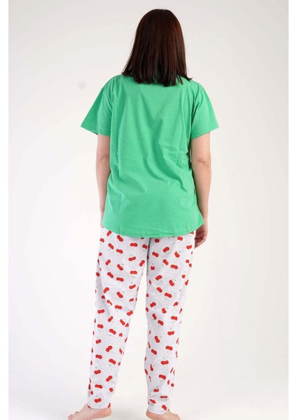 Kadın Yeşil Kısa Kollu Kiraz Desenli Bisiklet Yaka Oval Etek Süprem Pijama Takımı